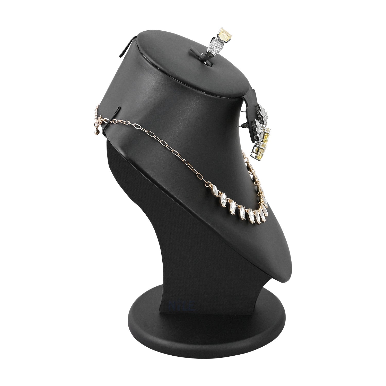 #185-1L-BK Deluxe jewelry Combination bust display with PU leather and designed to showcase earrings, rings, and necklaces