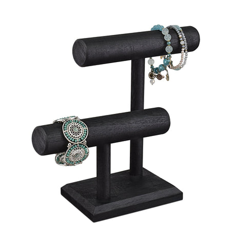 Wooden 2 Tier Bracelet T Bar Jewelry and Watch Display