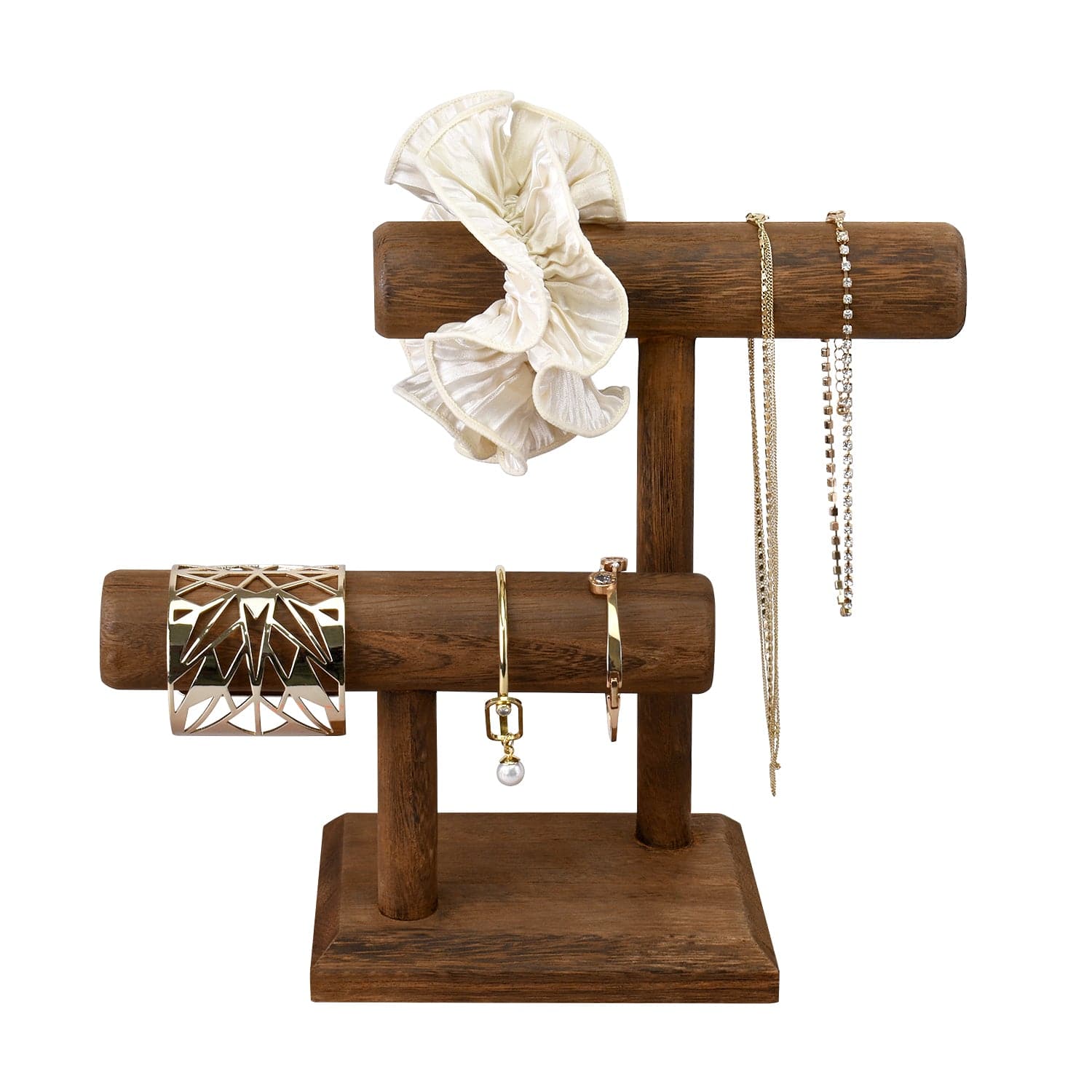 Wooden 2 Tier Bracelet T Bar Jewelry and Watch Display