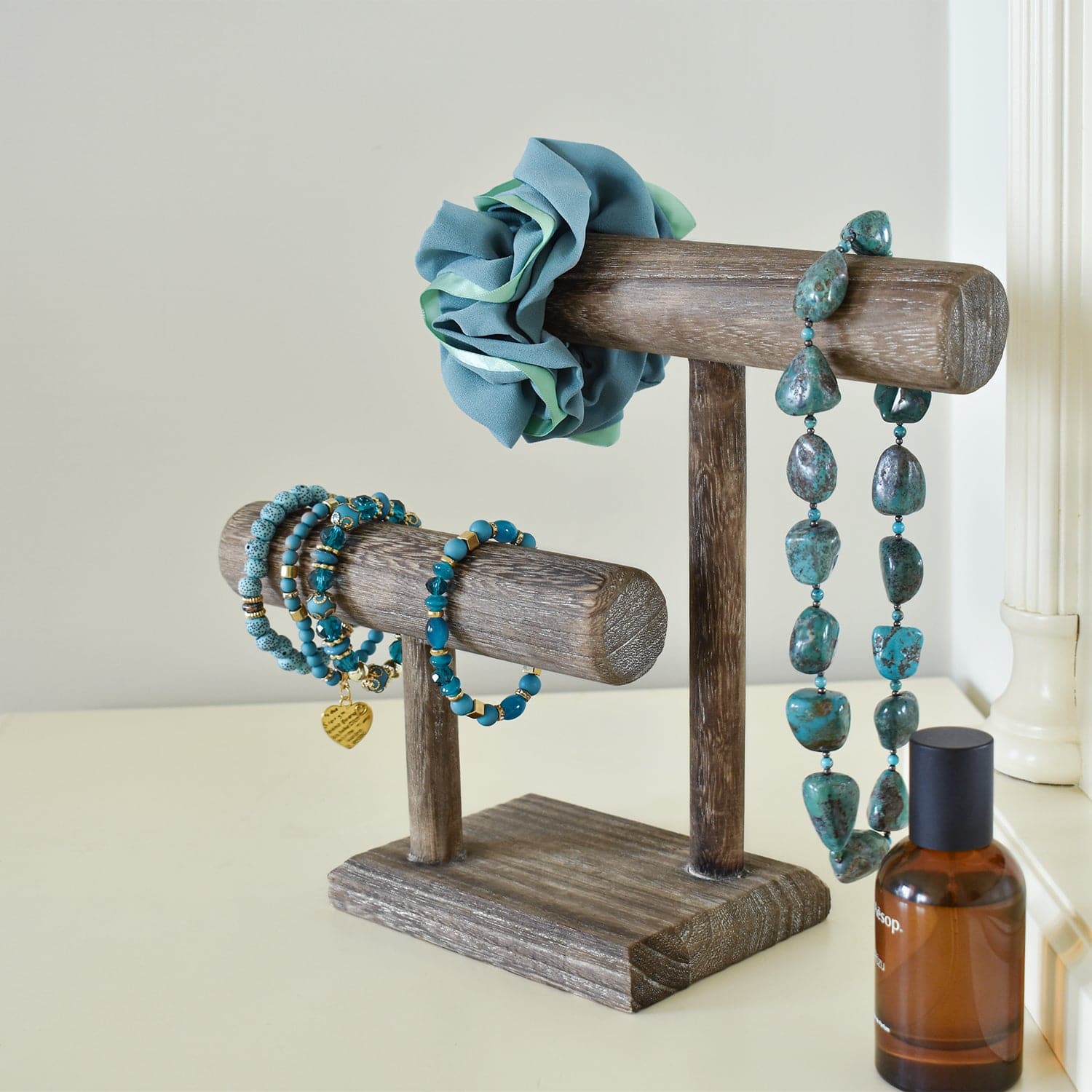 Wooden 2 Tier Bracelet T Bar Jewelry and Watch Display