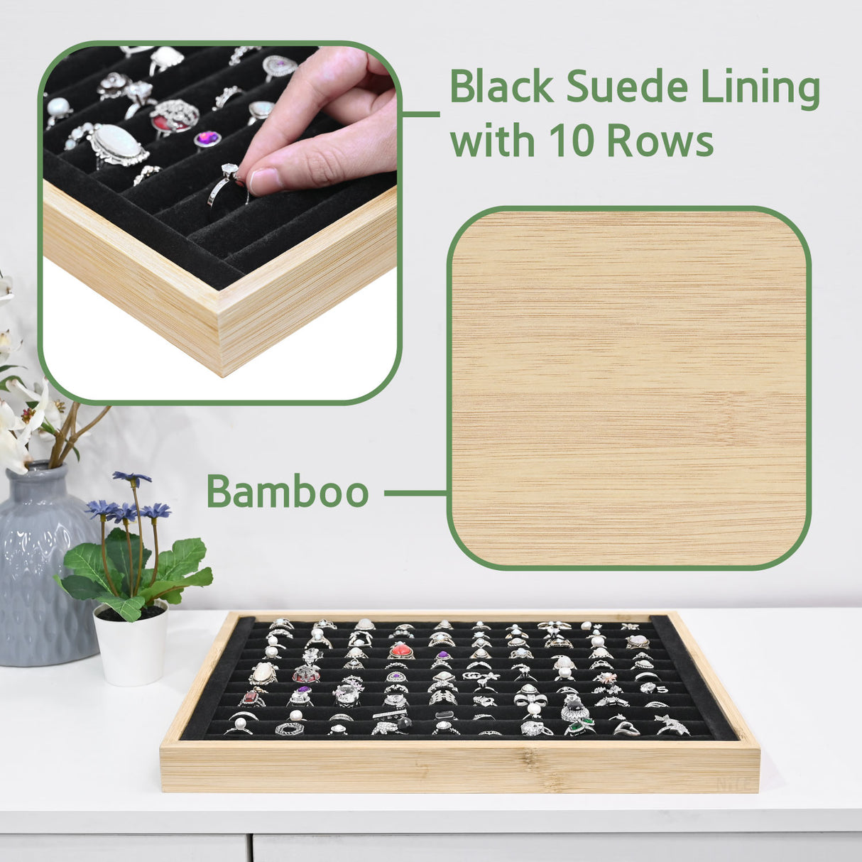 #BW222-1BKx2 2 Pcs Bamboo Ring Display Tray Set with Black Suede Lining