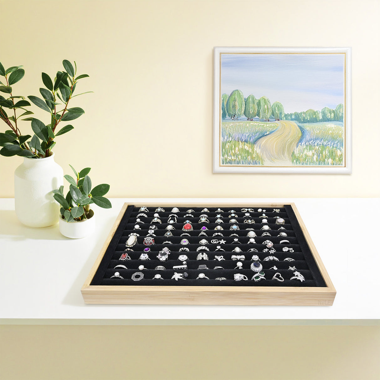 #BW222-1BKx2 2 Pcs Bamboo Ring Display Tray Set with Black Suede Lining