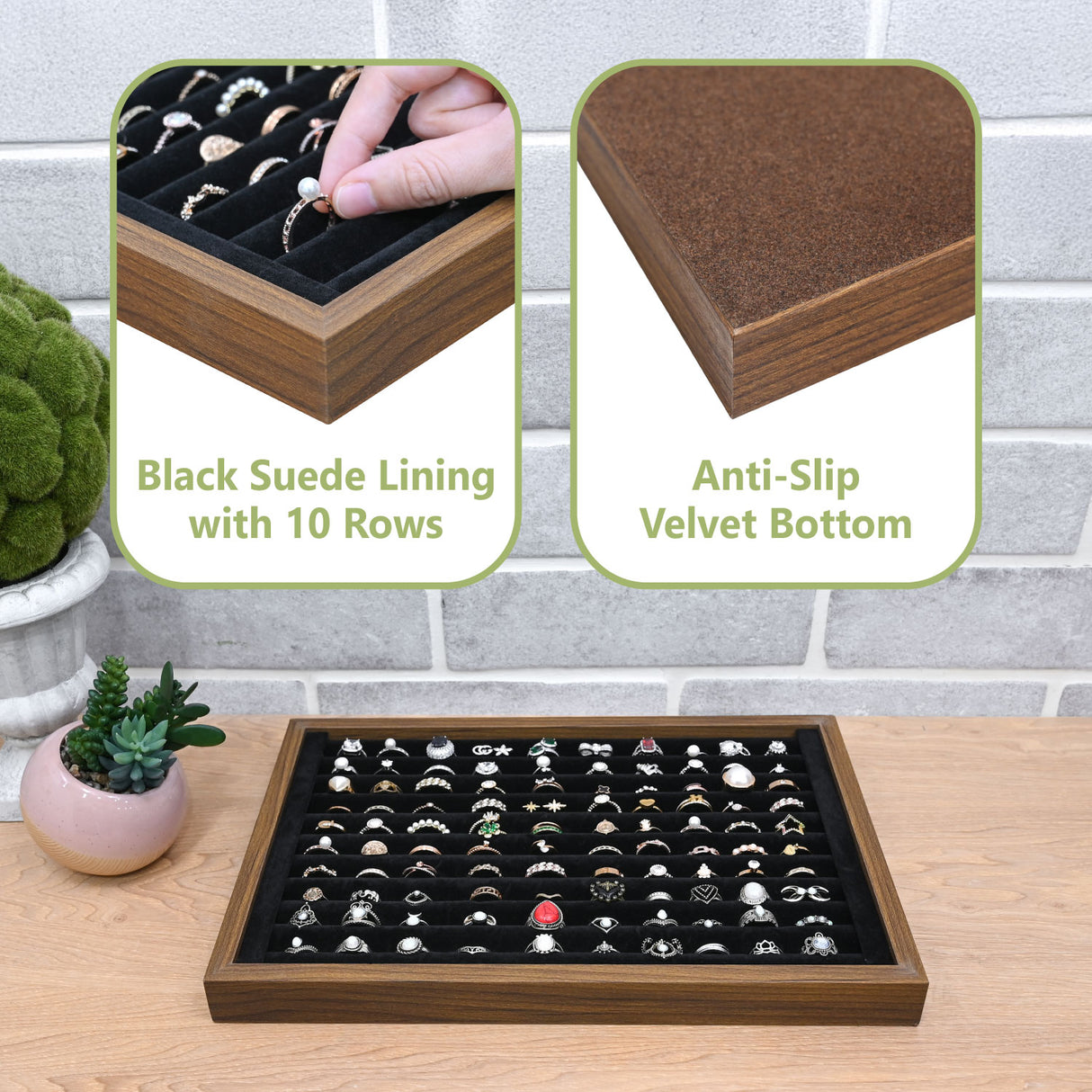 #BW222-1WUBKx2 2 Pcs Wooden Ring Display Tray Set with Black Suede Lining