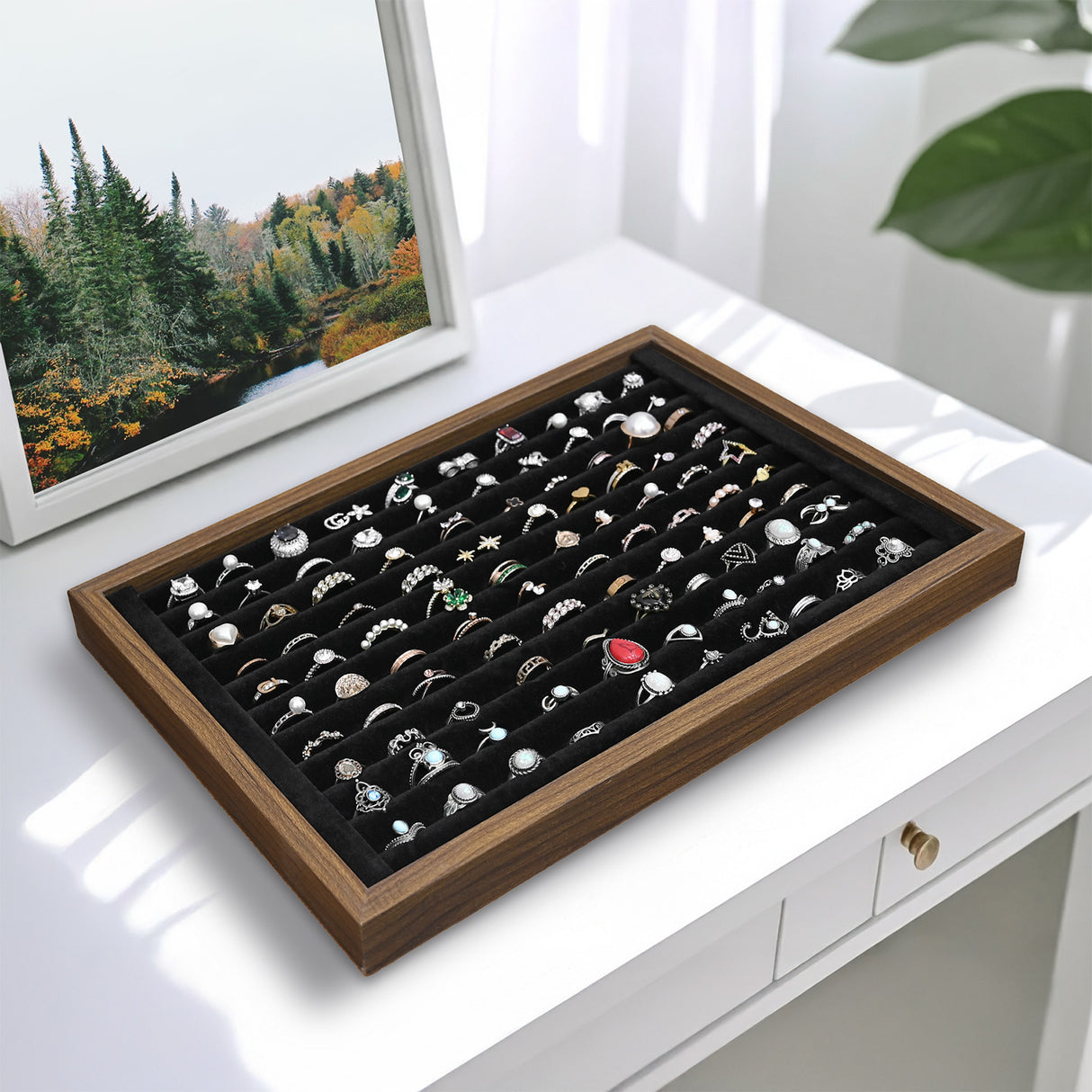 #BW222-1WUBKx2 2 Pcs Wooden Ring Display Tray Set with Black Suede Lining