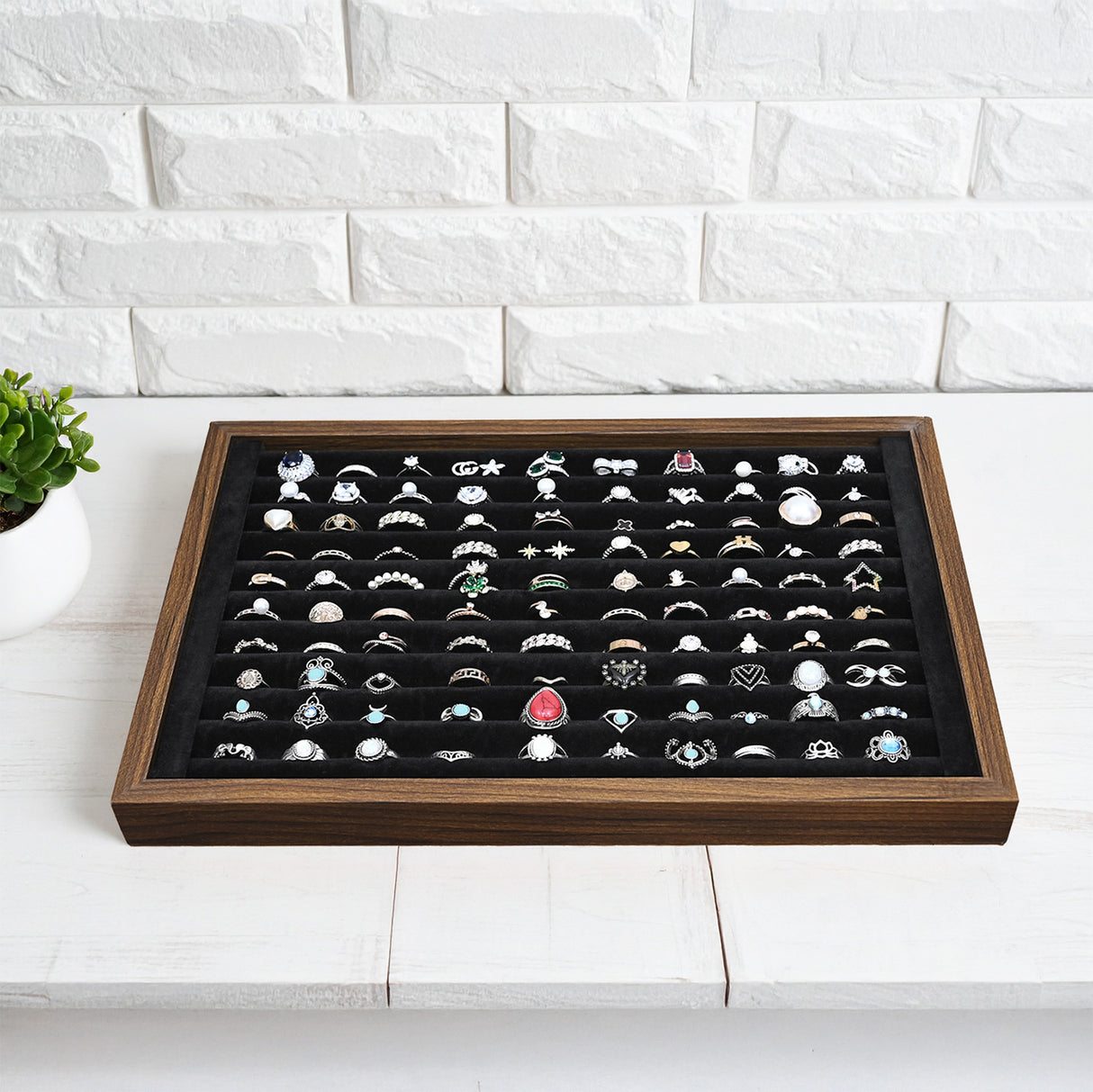 #BW222-1WUBKx2 2 Pcs Wooden Ring Display Tray Set with Black Suede Lining