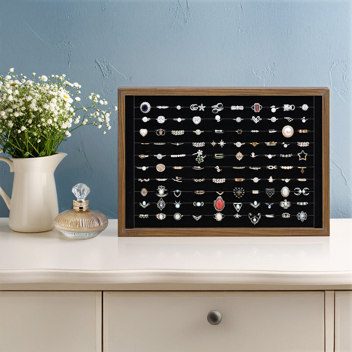 #BW222-1WUBKx2 2 Pcs Wooden Ring Display Tray Set with Black Suede Lining