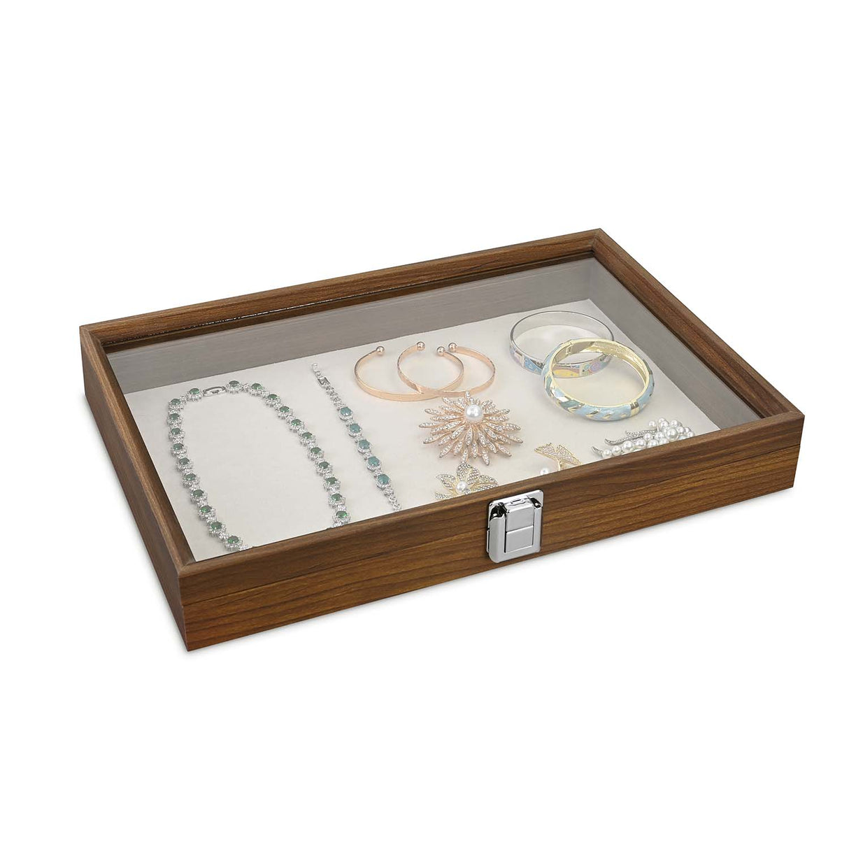 #BW83-1C Jewelry Display Box with beige velvet pad Tempered Glass Hinge Lid