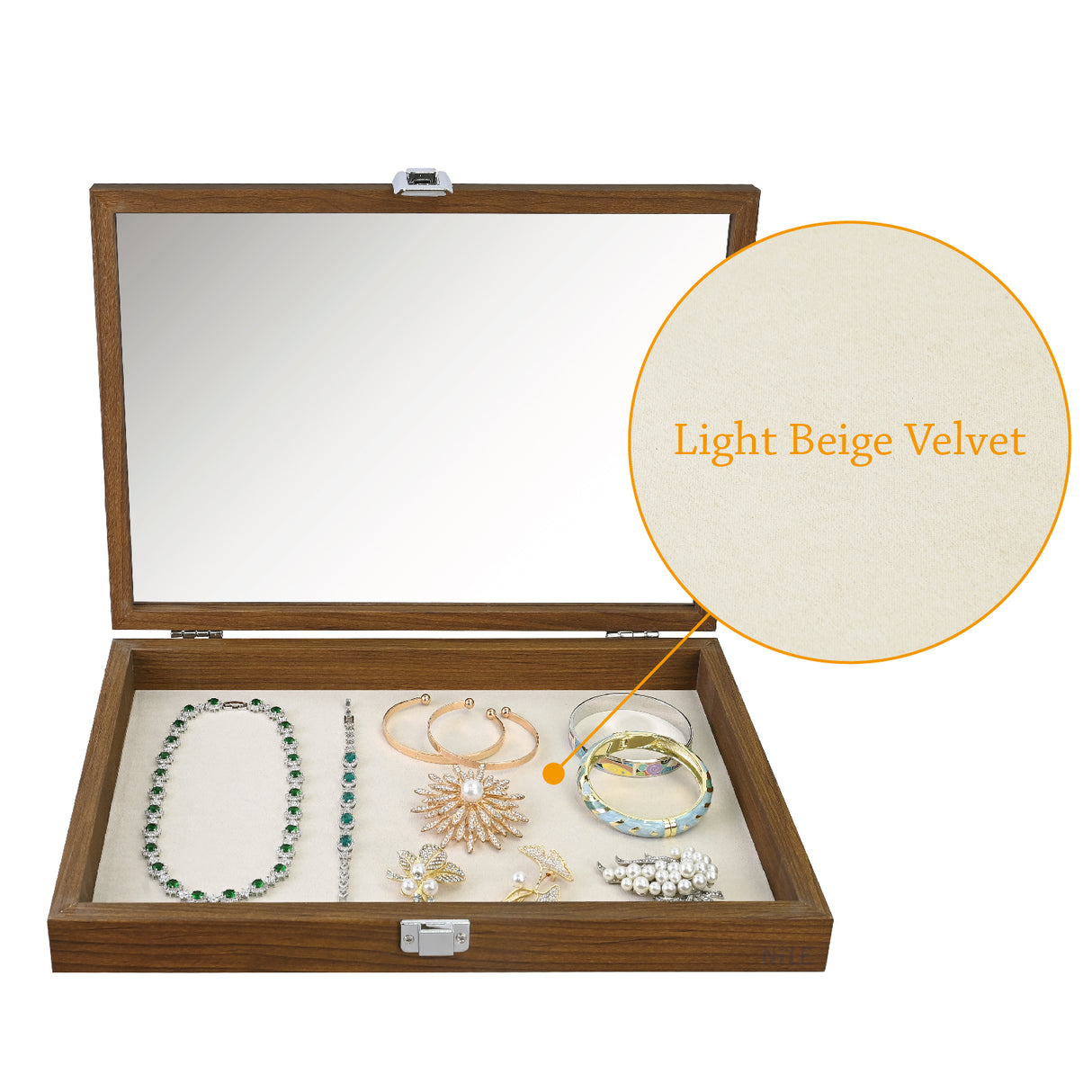 #BW83-1C Jewelry Display Box with beige velvet pad Tempered Glass Hinge Lid