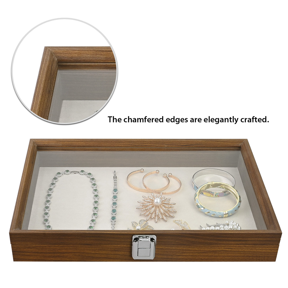 #BW83-1C Jewelry Display Box with beige velvet pad Tempered Glass Hinge Lid
