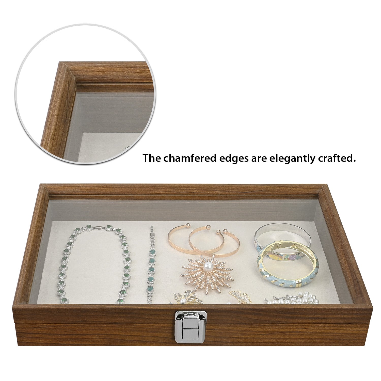 #BW83-1C Jewelry Display Box with beige velvet pad Tempered Glass Hinge Lid