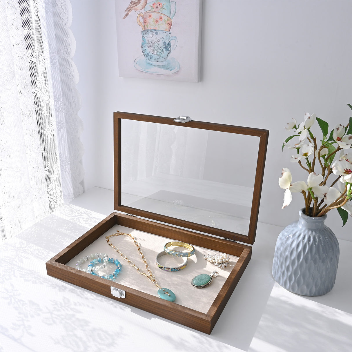 #BW83-1C Jewelry Display Box with beige velvet pad Tempered Glass Hinge Lid