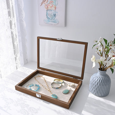 #BW83-1C Jewelry Display Box with beige velvet pad Tempered Glass Hinge Lid