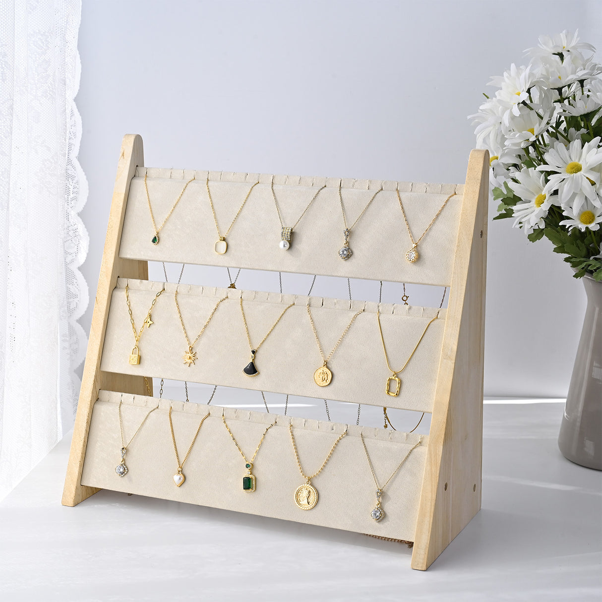 #BWTR92-E3 3-Tier Necklace Holder Stand With Velvet, Jewelry Necklace