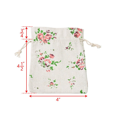 Drawstring Cotton Linen Pouches With Flora Print