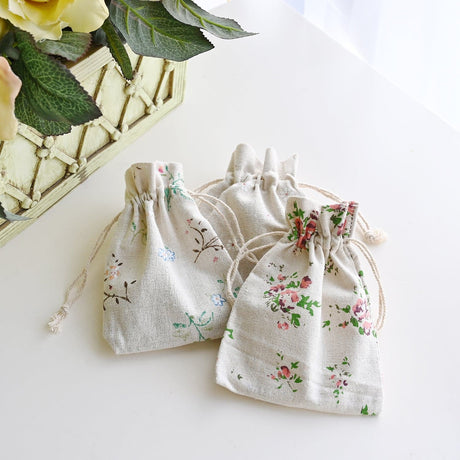 Drawstring Cotton Linen Pouches With Flora Print
