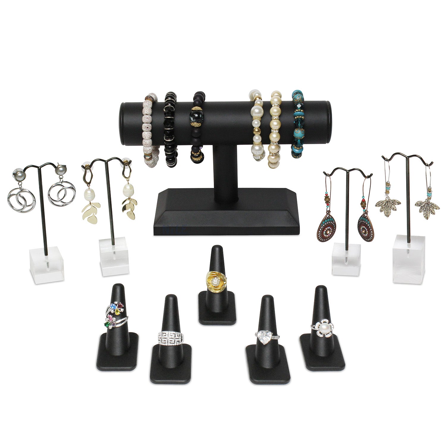 #JWY1306-LBK 10 Pcs Jewelry Display Set, Premium Black Faux Leather