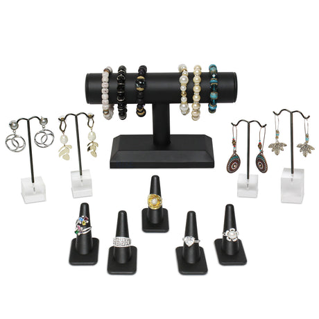 #JWY1306-LBK 10 Pcs Jewelry Display Set, Premium Black Faux Leather