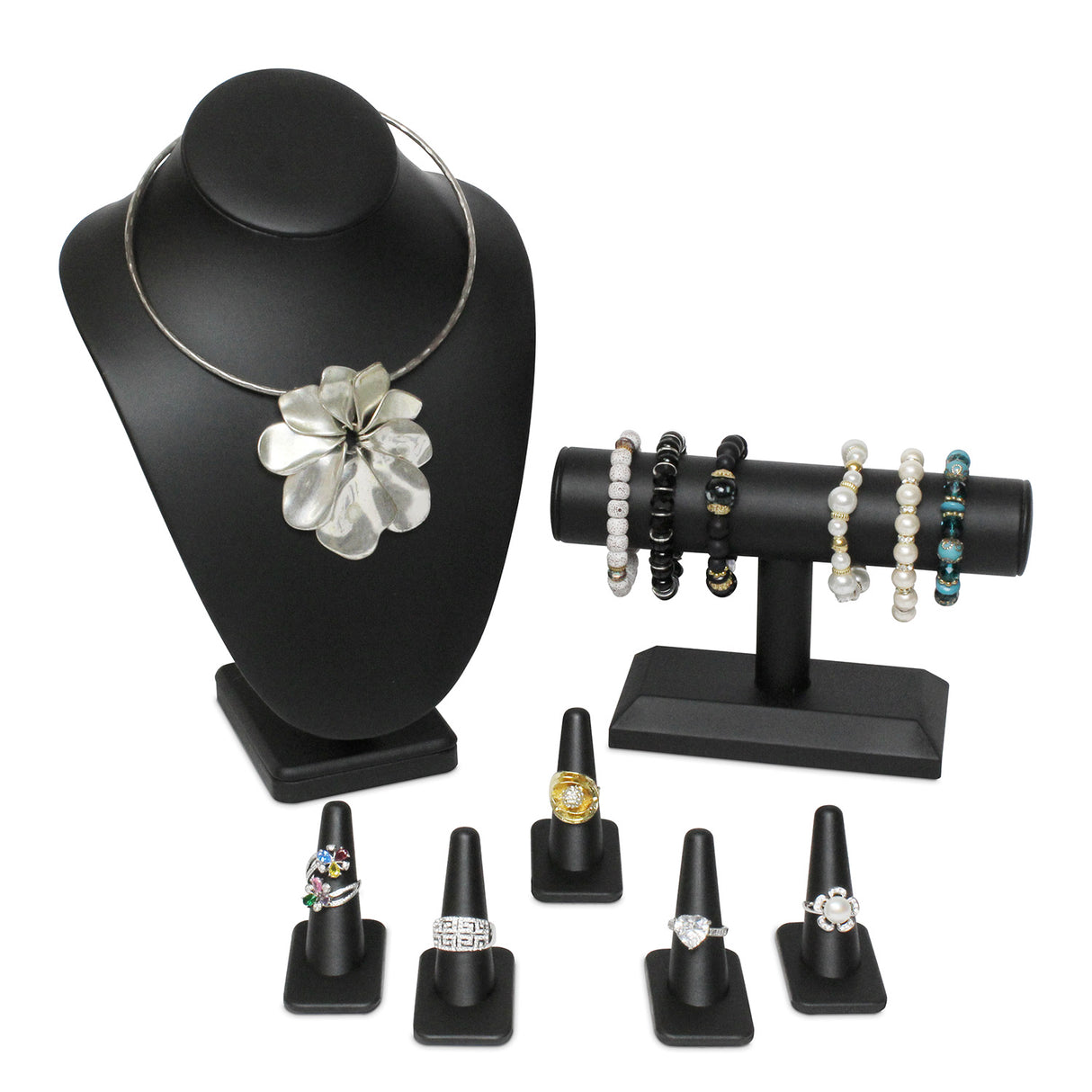 Versatile Premium Black Faux Leather Jewelry Display Set