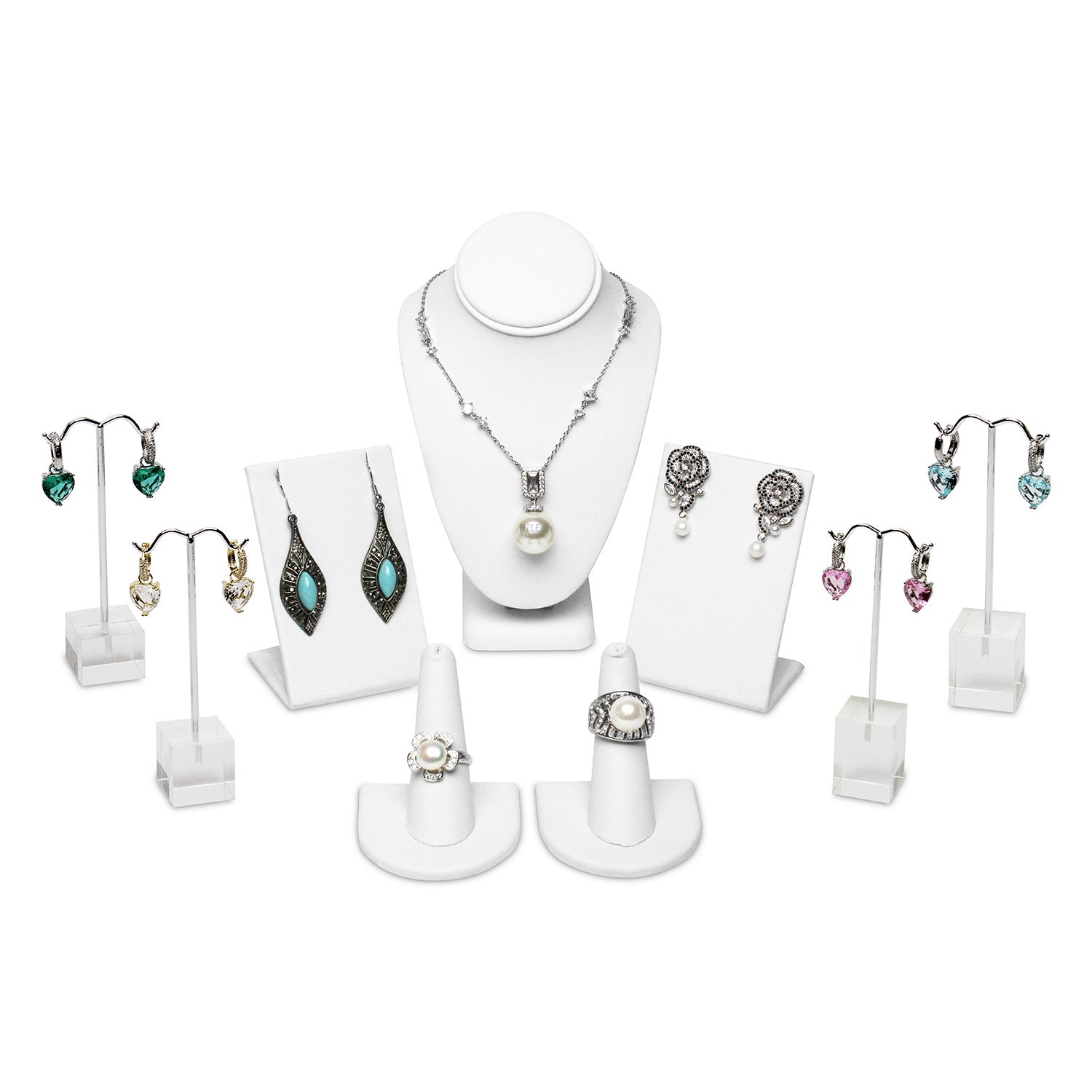 9 Pcs Jewelry Display Set,  Premium White Faux Leather