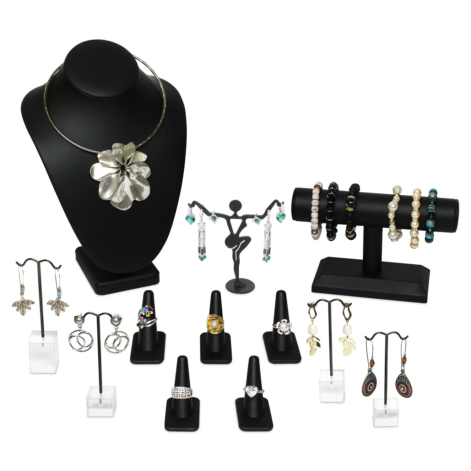 Versatile Premium Black Faux Leather Jewelry Display Set