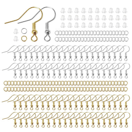 #LD08892 Hypoallergenic Earring Hooks, 600Pcs Earring Making Kit With Hypoallergenic Earring Hooks 20 x 20mm color silver 100pcs and gold color 100, Split Rings 6mm silver color 100pcs and Gold color 100pcs And Clear Rubber Earring Backs 200pcs