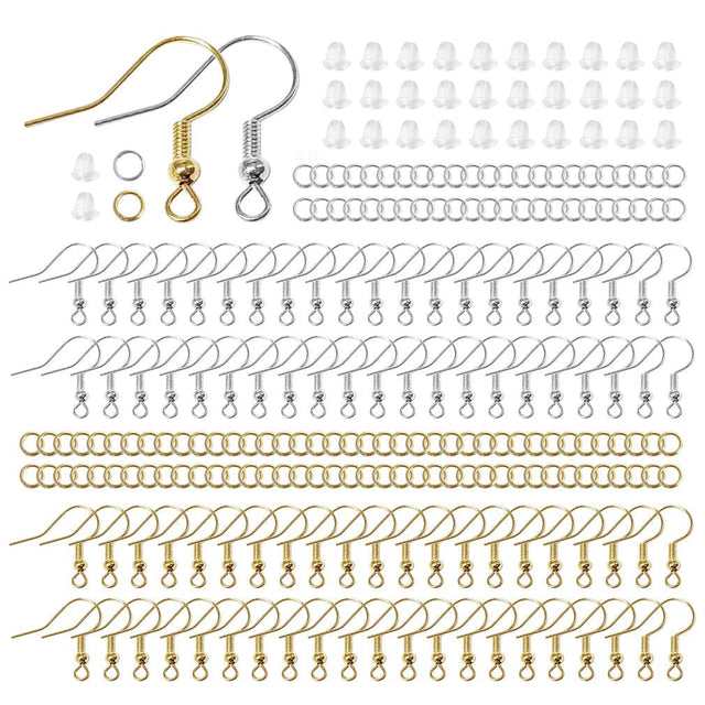 #LD08892 Hypoallergenic Earring Hooks, 600Pcs Earring Making Kit With Hypoallergenic Earring Hooks 20 x 20mm color silver 100pcs and gold color 100, Split Rings 6mm silver color 100pcs and Gold color 100pcs And Clear Rubber Earring Backs 200pcs
