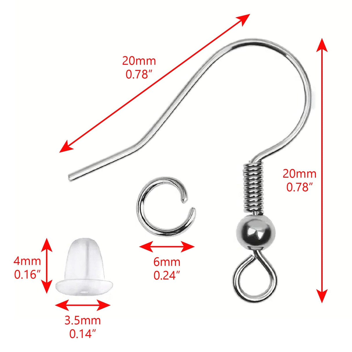 #LD08892 Hypoallergenic Earring Hooks, 600Pcs Earring Making Kit With Hypoallergenic Earring Hooks 20 x 20mm color silver 100pcs and gold color 100, Split Rings 6mm silver color 100pcs and Gold color 100pcs And Clear Rubber Earring Backs 200pcs
