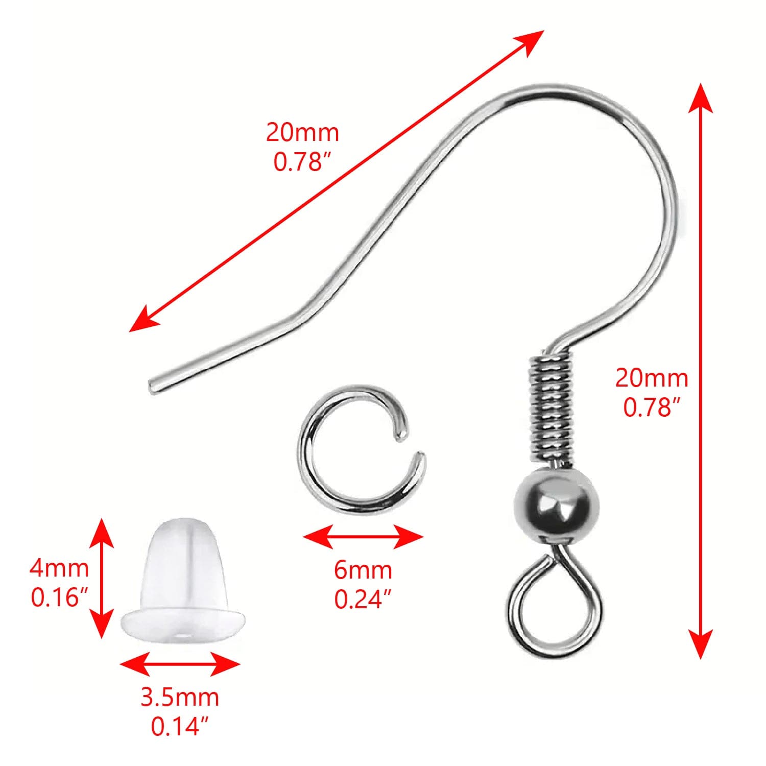 #LD08892 Hypoallergenic Earring Hooks, 600Pcs Earring Making Kit With Hypoallergenic Earring Hooks 20 x 20mm color silver 100pcs and gold color 100, Split Rings 6mm silver color 100pcs and Gold color 100pcs And Clear Rubber Earring Backs 200pcs
