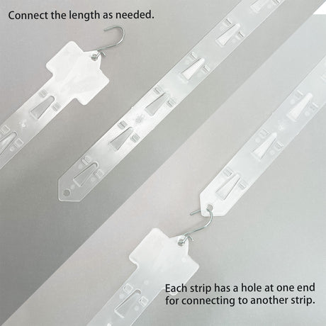 10 pieces of 12-slot plastic merchandise strips with hooks, measuring 24.8 inches