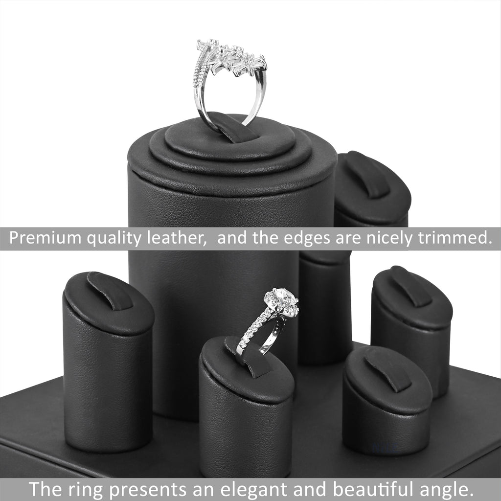 Set101 BK Black Faux Leather Ring Stand Holder Display 6 Pcs Set