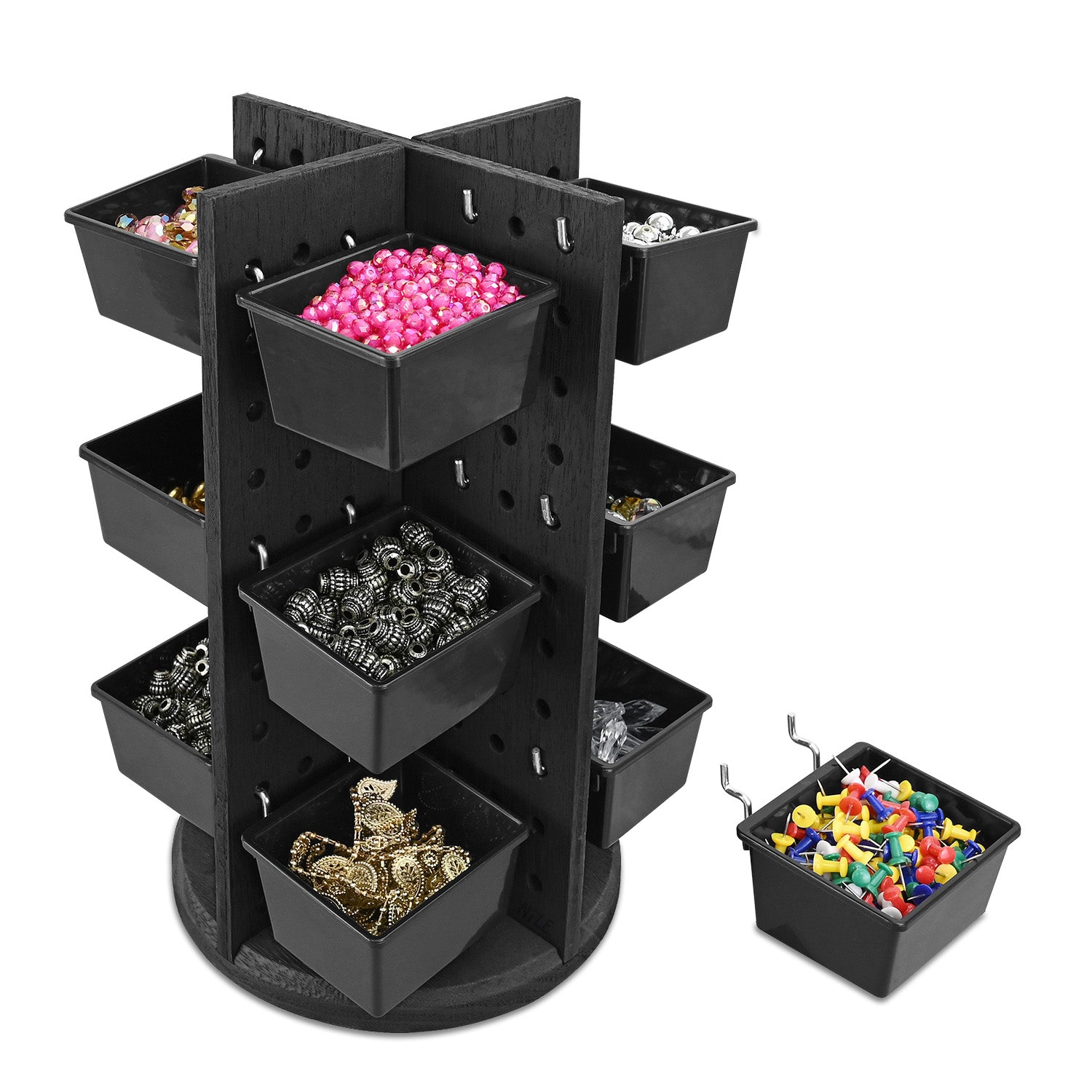 Wooden Rotating Pegboard Display with 12 Bins, Pegboard Storage
