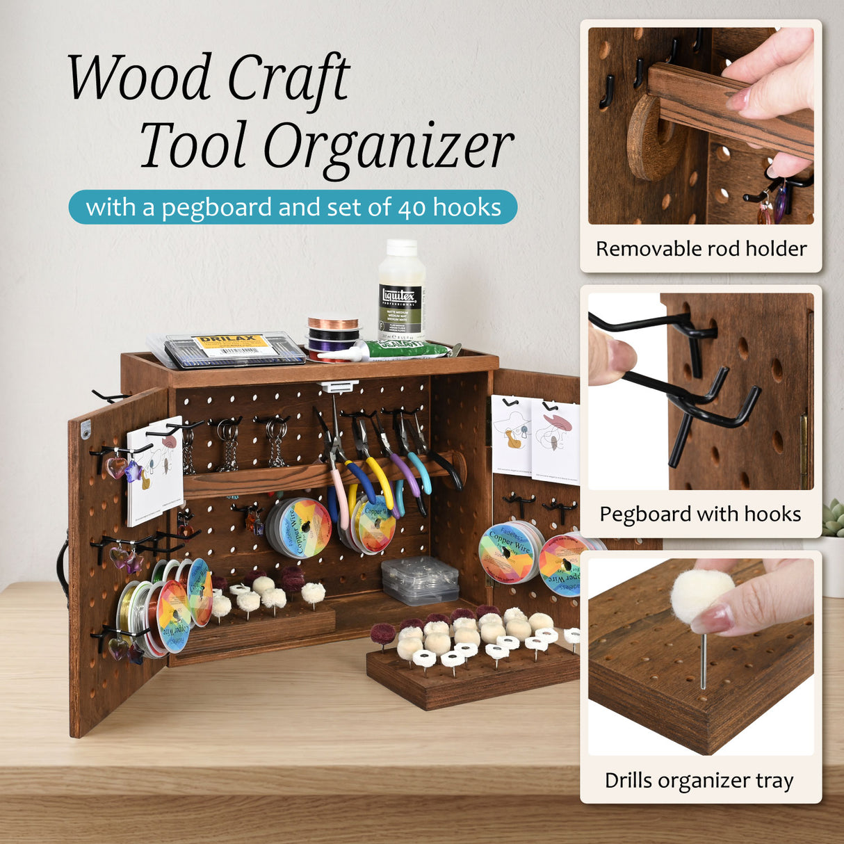 #TOOL8673BR Wood Jewelry Craft Pegboard Tool Organizer