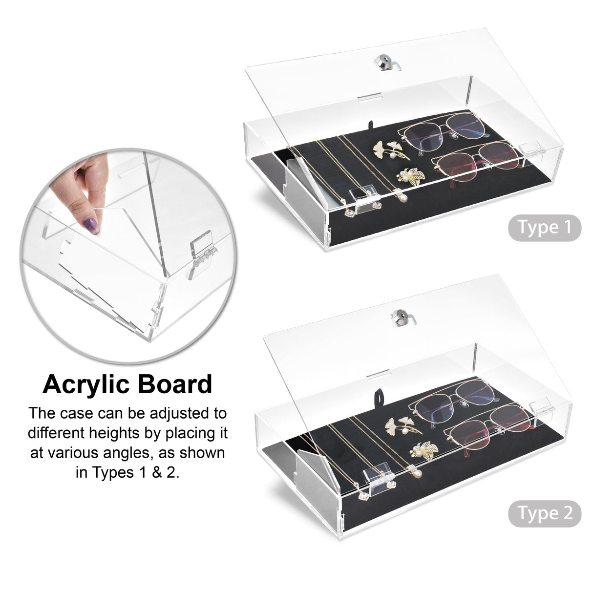 #TRJ2656L-93-1 Lockable Acrylic Display Case with Removable Black Luxurious Velvet Jewelry Pad