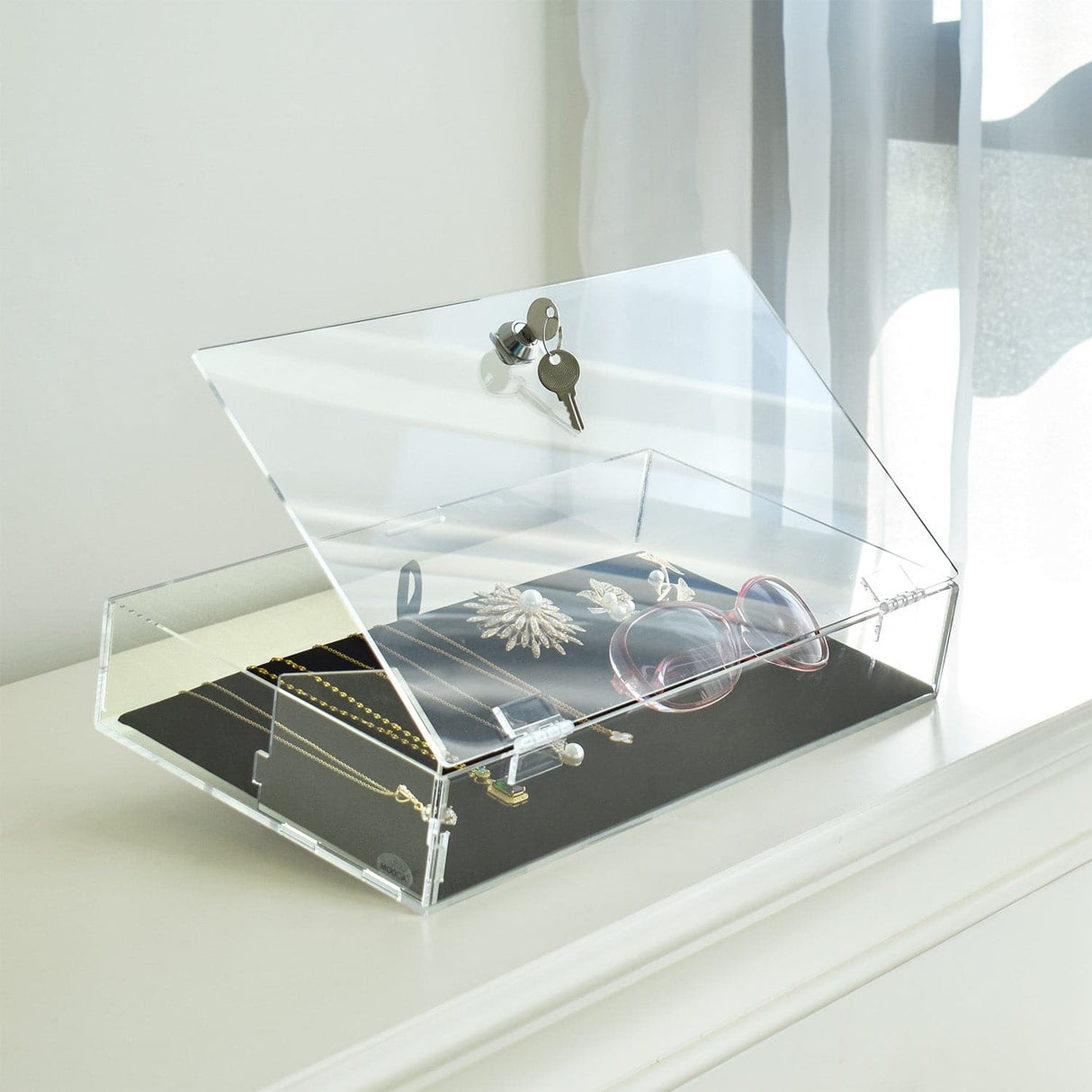 #TRJ2656L-93-1 Lockable Acrylic Display Case with Removable Black Luxurious Velvet Jewelry Pad