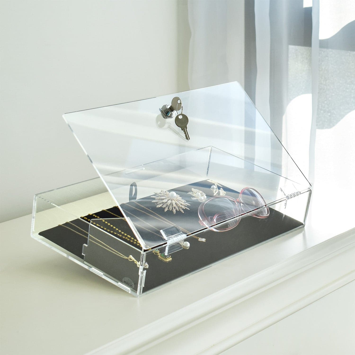 #TRJ2656L-93-1 Lockable Acrylic Display Case with Removable Black Luxurious Velvet Jewelry Pad