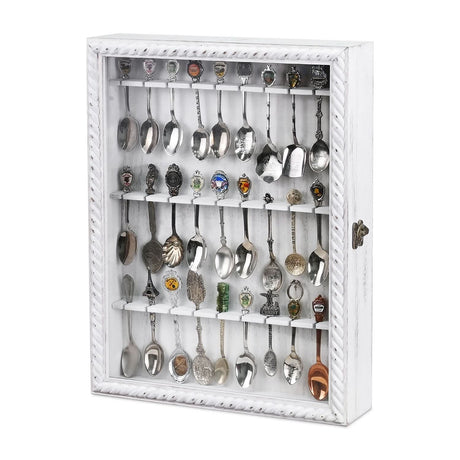 Wooden 30-Souvenir Spoon Display Case Cabinet with Tempered Glass