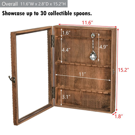 Wooden 30-Souvenir Spoon Display Case Cabinet with Tempered Glass
