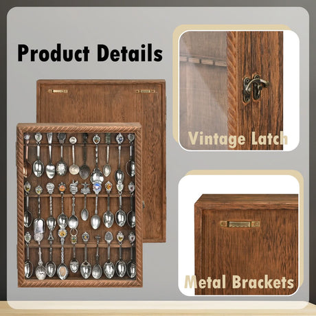 Wooden 30-Souvenir Spoon Display Case Cabinet with Tempered Glass