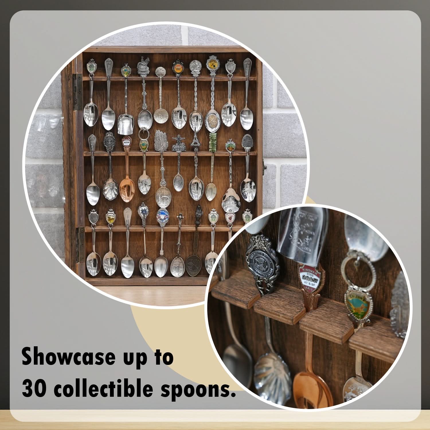 Wooden 30-Souvenir Spoon Display Case Cabinet with Tempered Glass