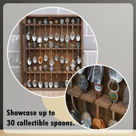 Wooden 30-Souvenir Spoon Display Case Cabinet with Tempered Glass