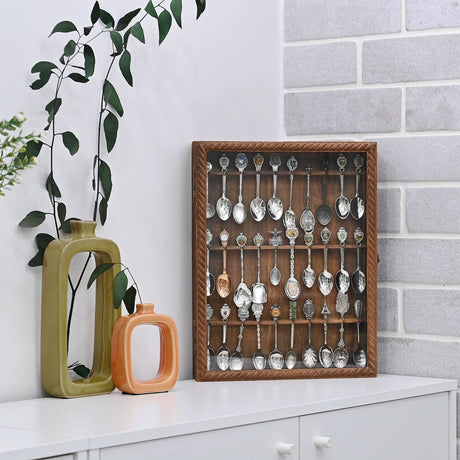 Wooden 30-Souvenir Spoon Display Case Cabinet with Tempered Glass