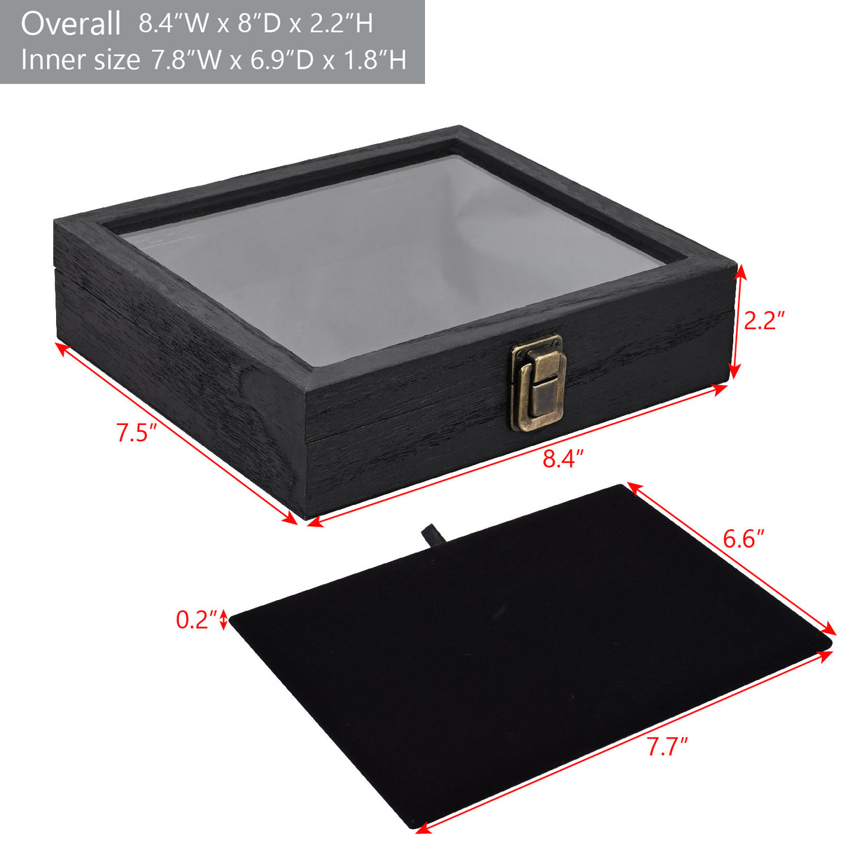 #WD2-1+93-4BK Tempered-Glass Top Small Wooden Jewelry Display Case with Removable Black Velvet Pad