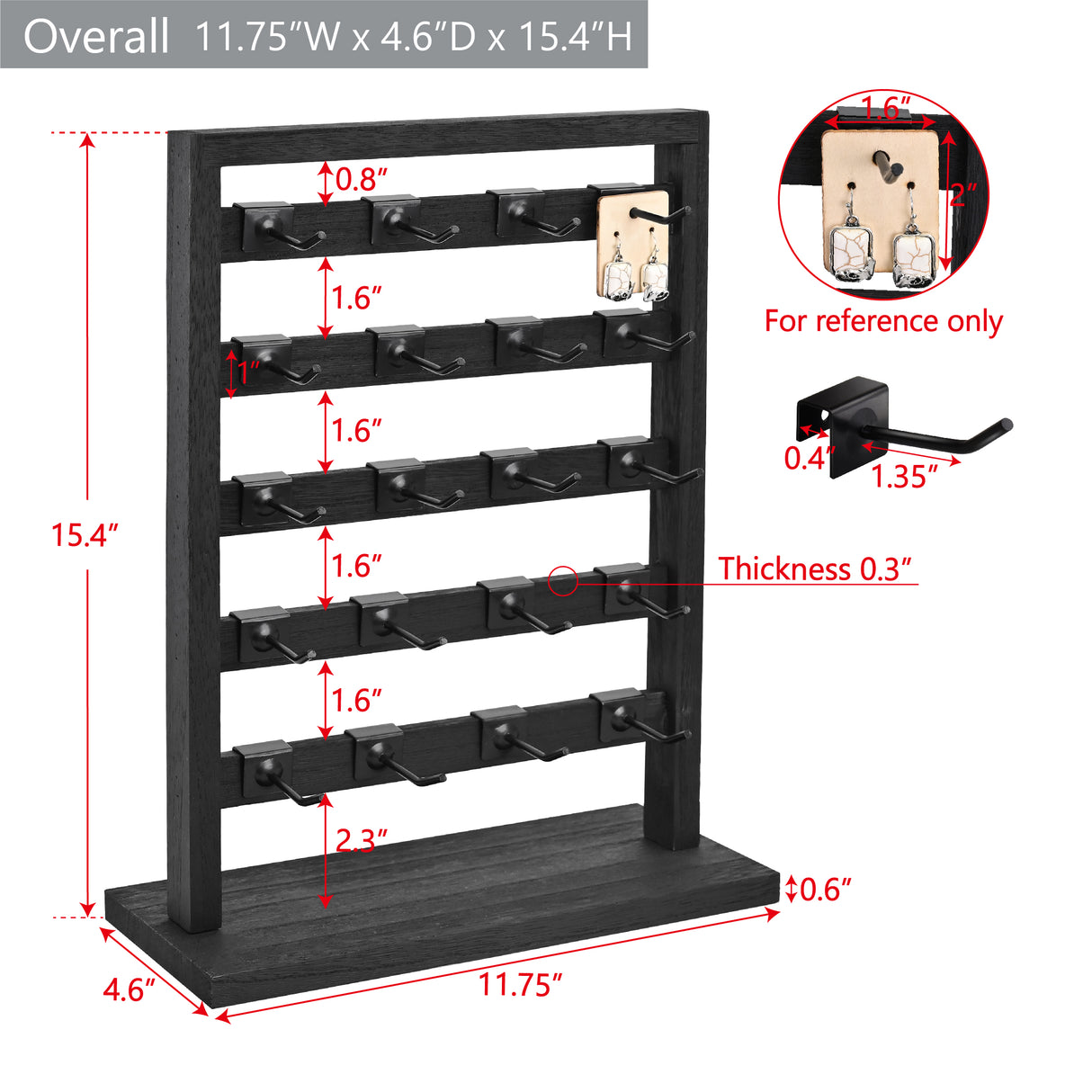 #WD2005 Wooden Jewelry earring rack display with 20 black hooks