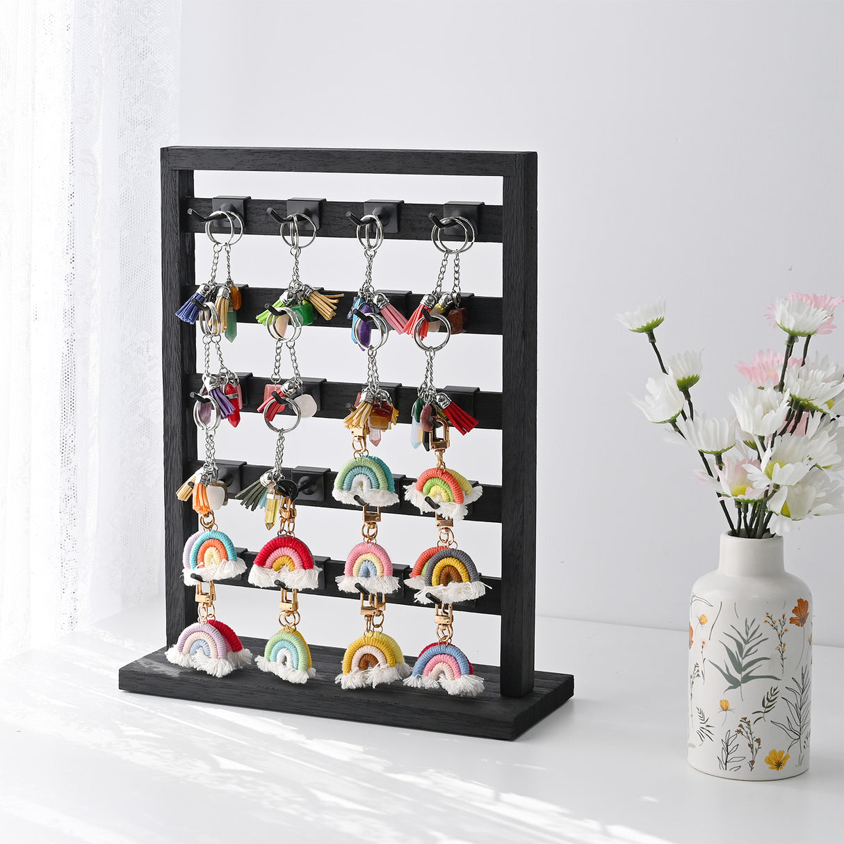 #WD2005 Wooden Jewelry earring rack display with 20 black hooks