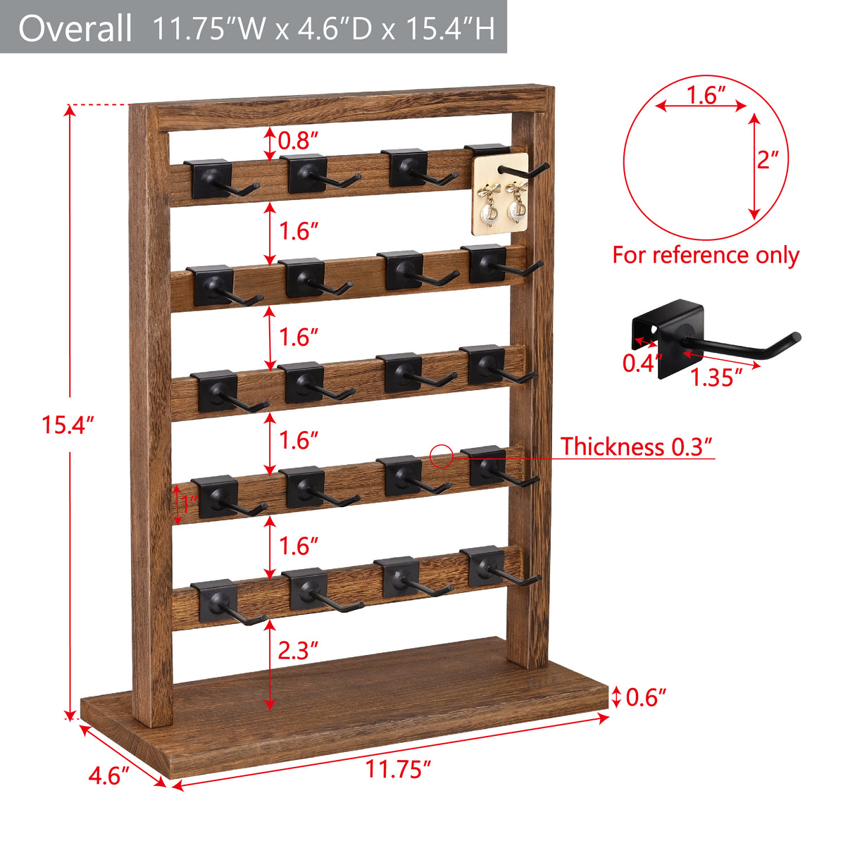 #WD2005 Wooden Jewelry earring rack display with 20 black hooks