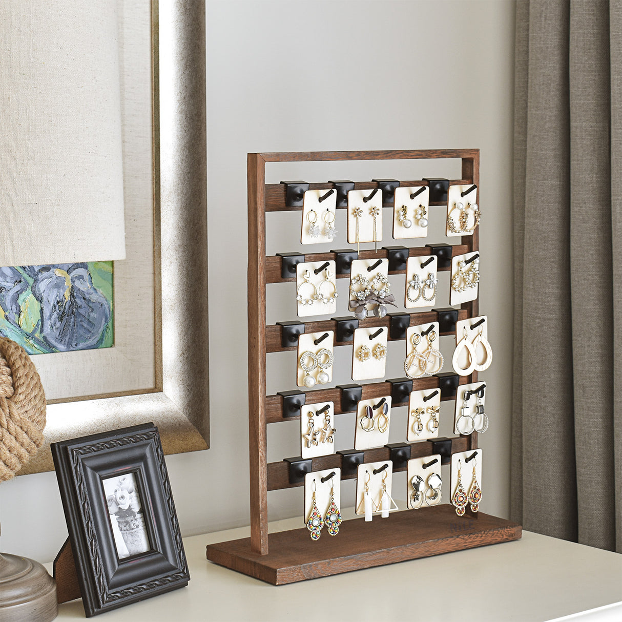 #WD2005 Wooden Jewelry earring rack display with 20 black hooks