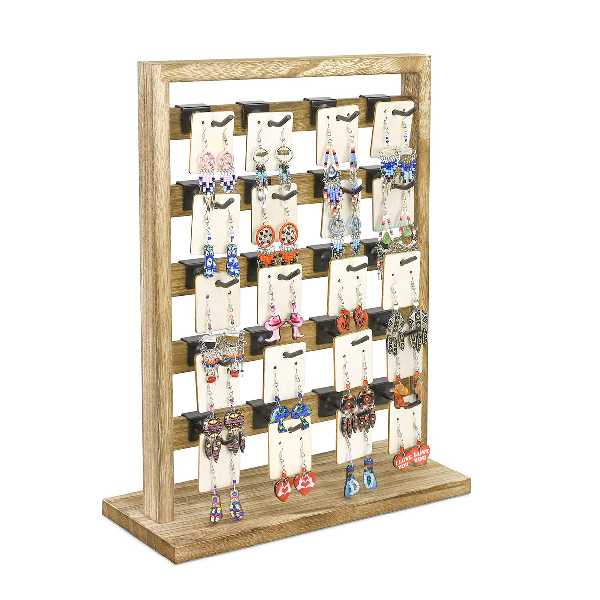 #WD2005 Wooden Jewelry earring rack display with 20 black hooks