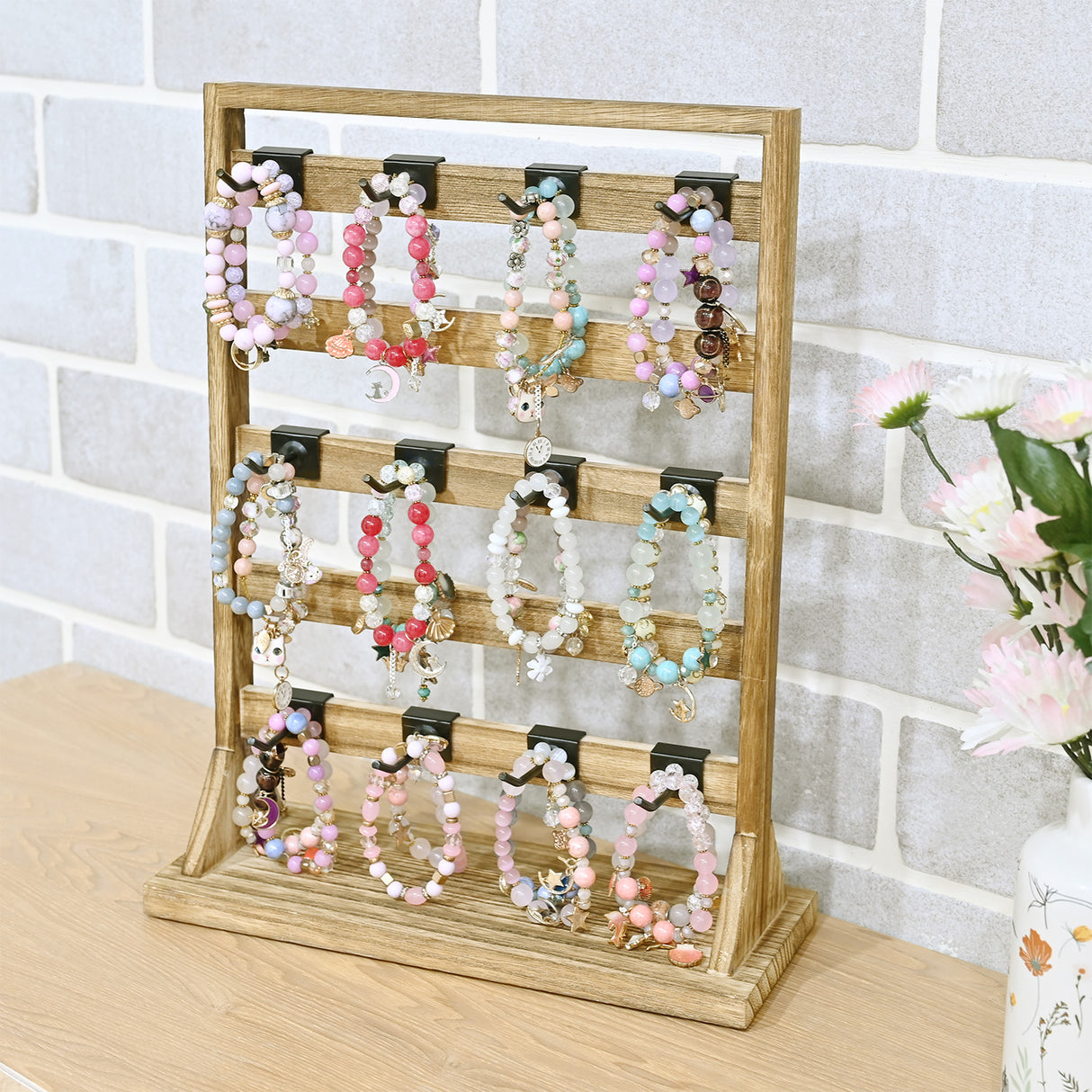 #WD2005 Wooden Jewelry earring rack display with 20 black hooks