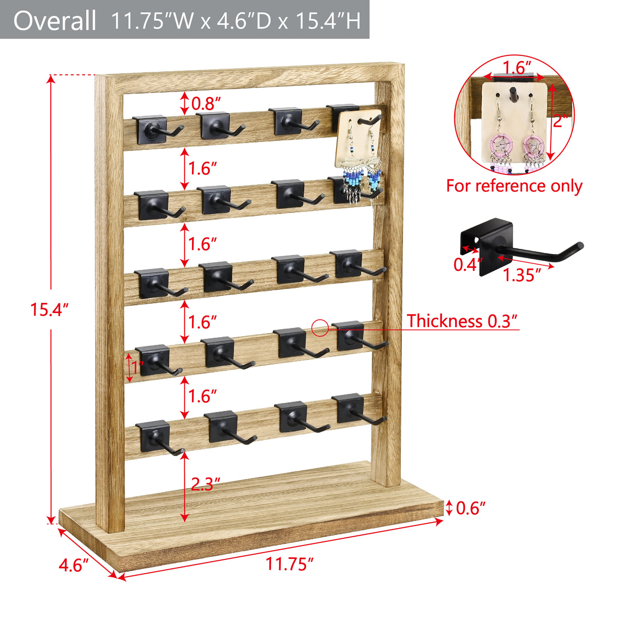 #WD2005 Wooden Jewelry earring rack display with 20 black hooks