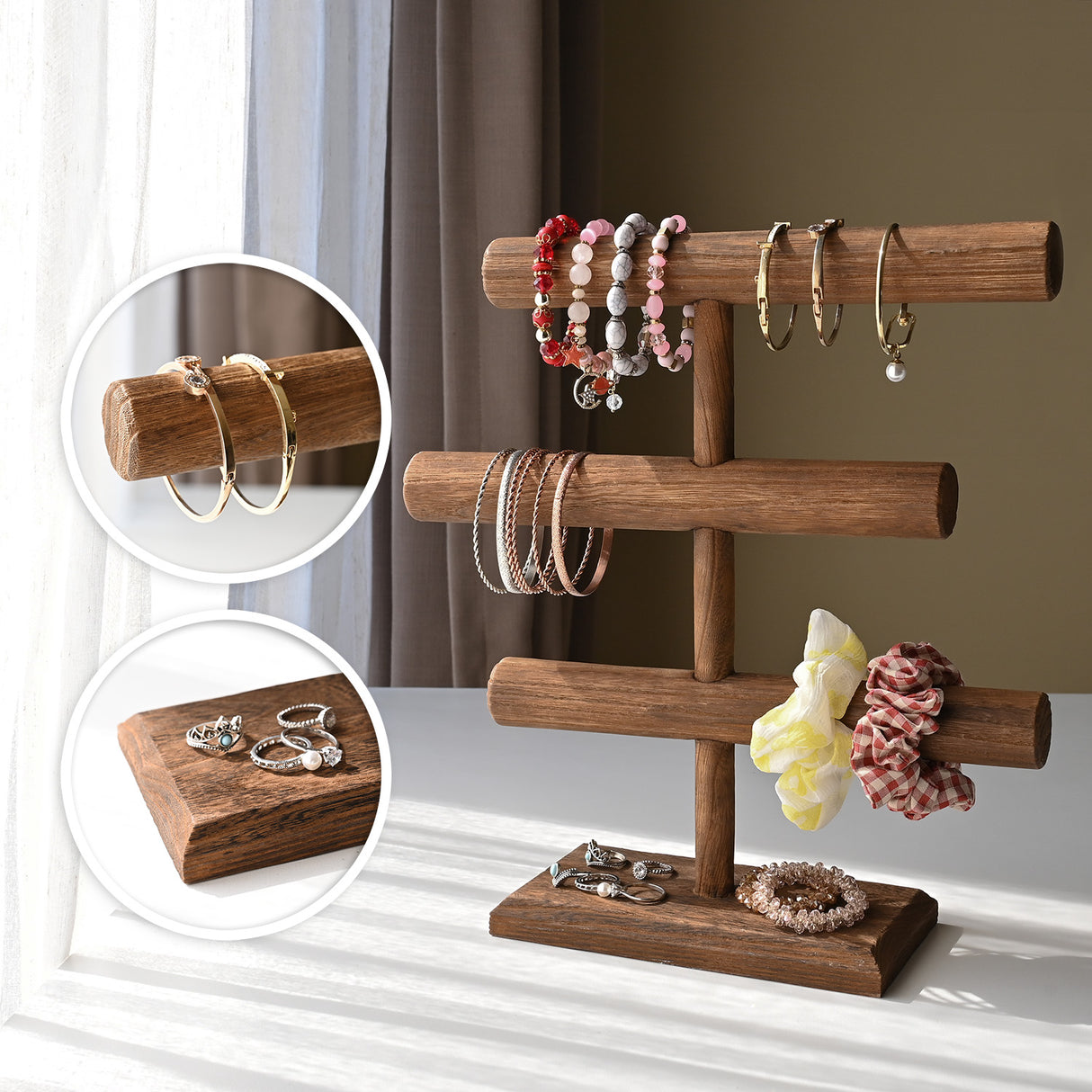 #WD2965-3 Free Assembly 3-Tier Wooden Jewelry Display Stand, Bracelets, Necklaces